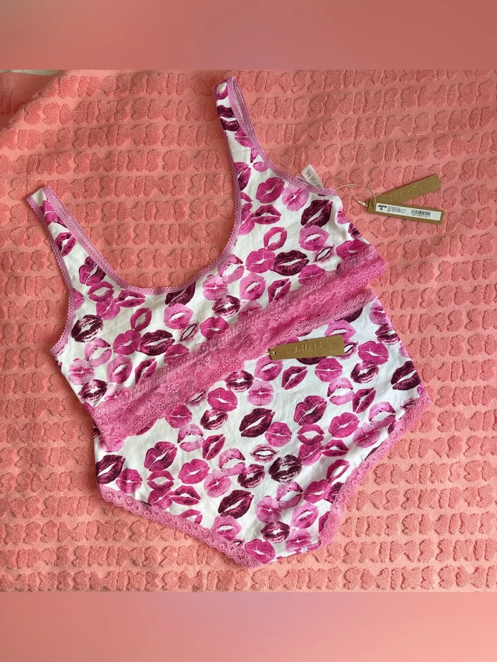 SKIMS Lightweight Cotton Lace Bralette Boyshort Set | Pink Allover Lipstick | XL